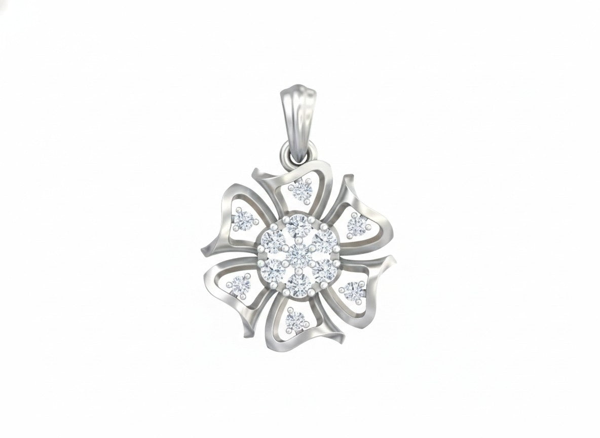 A silver-toned flower-shaped pendant with a round cluster of clear stones in the center and smaller clear stones set along the petals, shown on a plain white background.