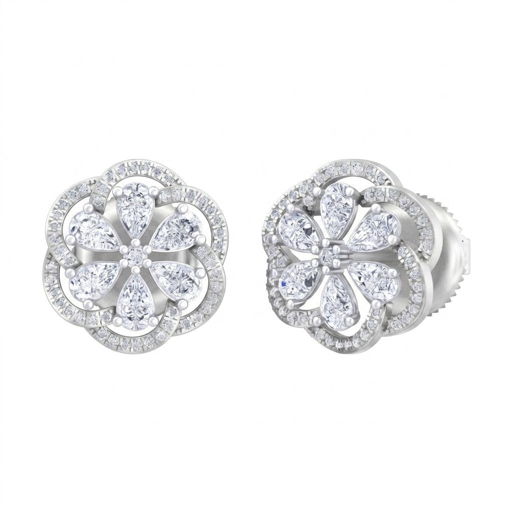 A pair of white gold earrings with diamond accents, featuring a floral design.