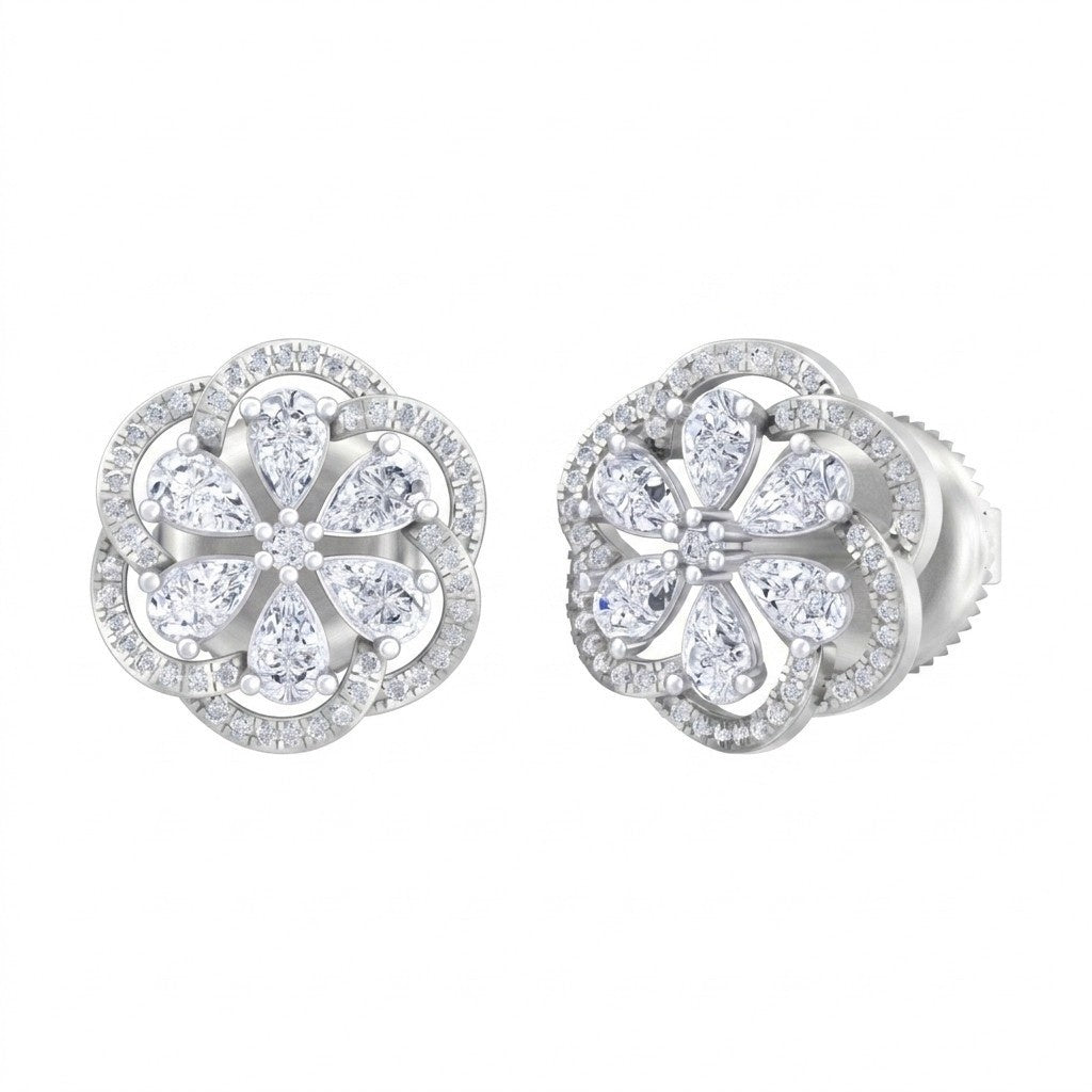 A pair of white gold earrings with diamond accents, featuring a floral design.