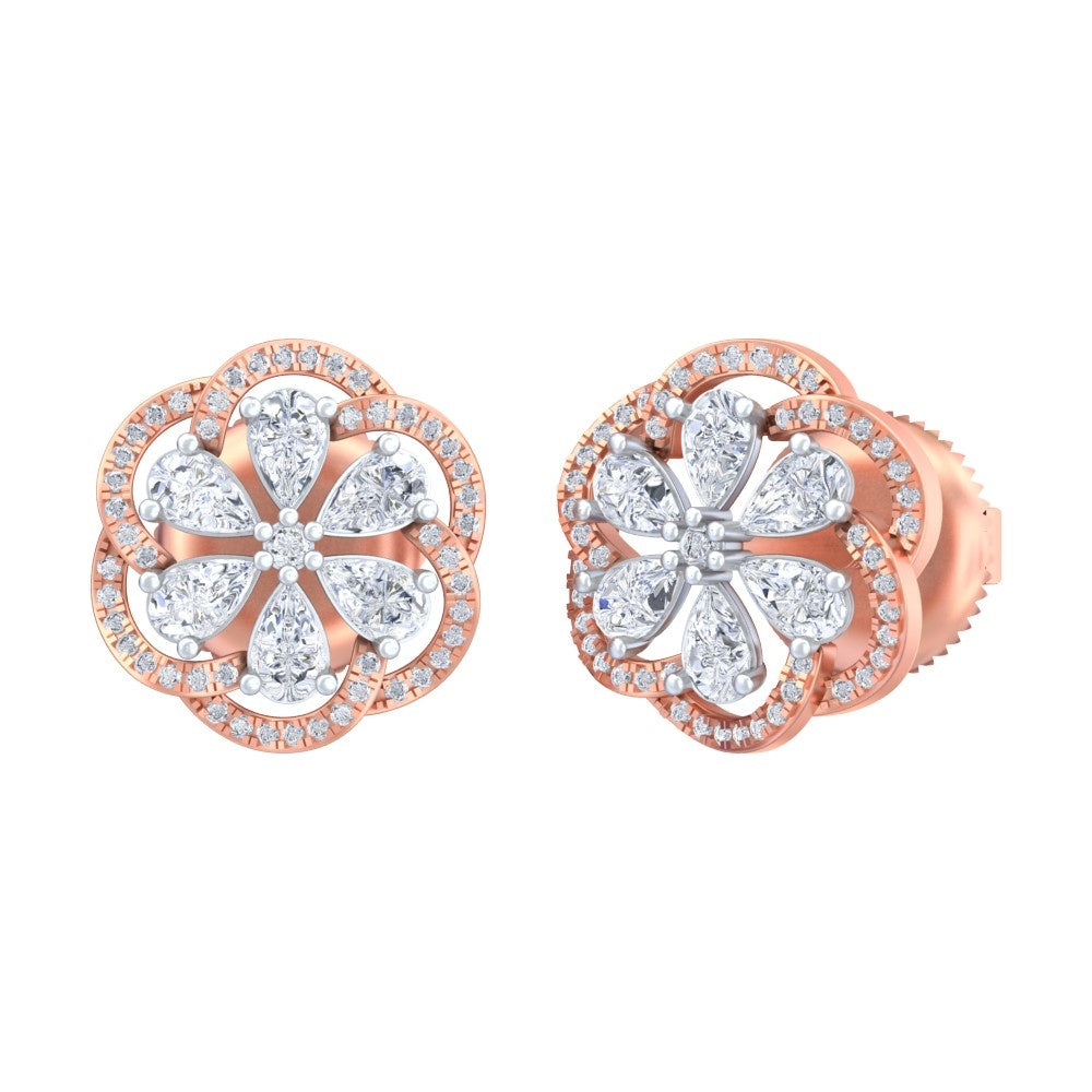 A pair of rose gold earrings with diamond accents, featuring a floral design.