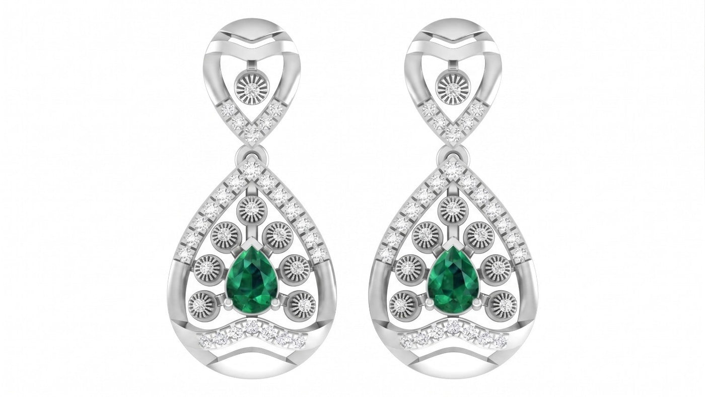 Pair of white gold and diamond gemstone earrings on a white background