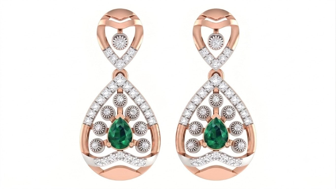 Pair of rose gold and diamond gemstone earrings on a white background