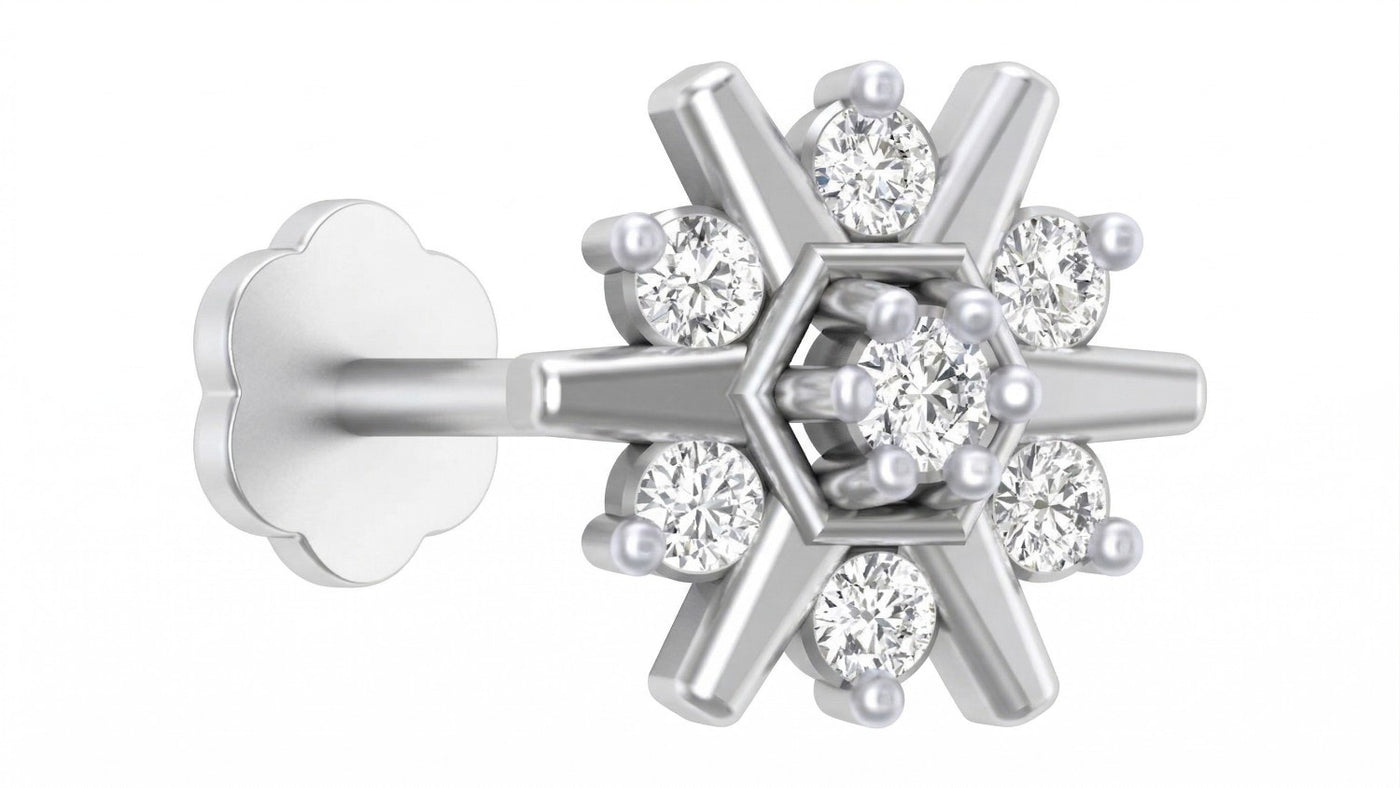 White gold and diamond stud nose pin-like stones on a white background