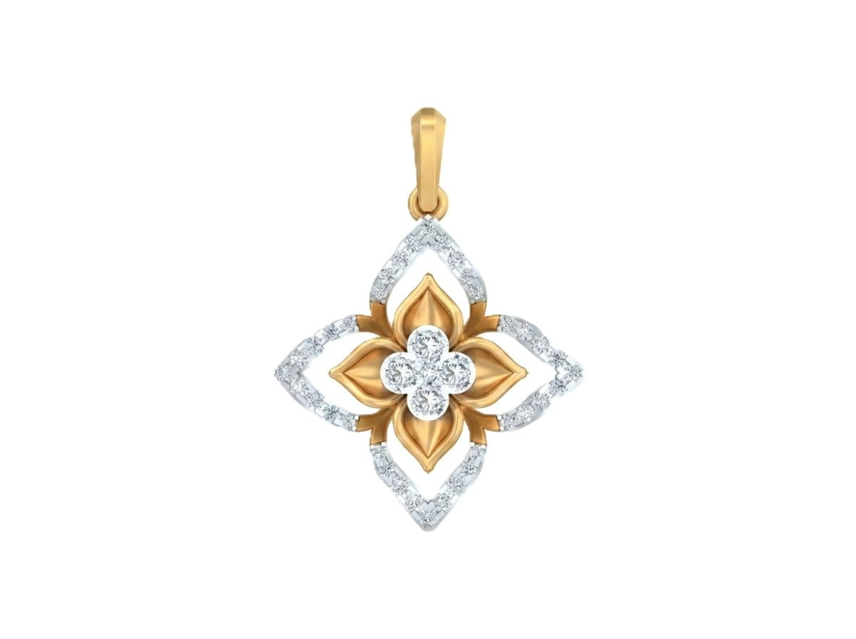 Yellow gold and diamond floral pendant on white background