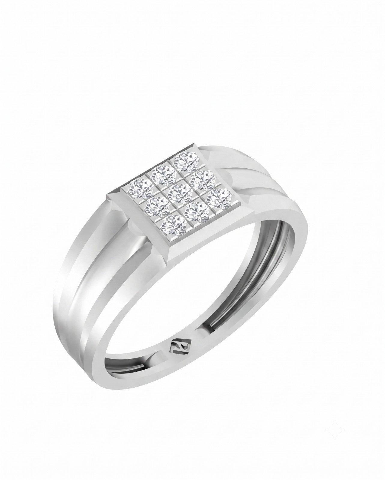 A white gold and diamond ring featuring a square diamond cluster on the top, set against a plain white background.