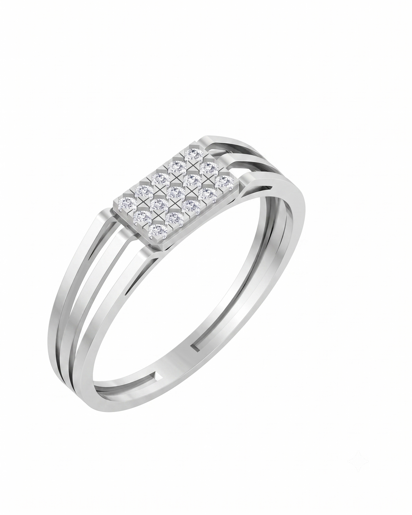 White gold & Diamond Band Ring For Men with Rectangular Diamond Cluster and Split Band Design.