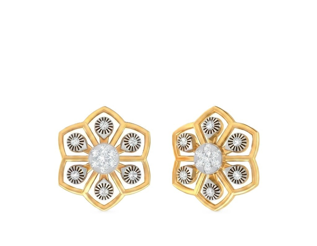 Yellow gold and diamond floral stud earrings on a white background