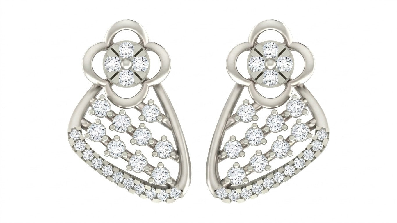 Pair of white gold and diamond floral-design stud earrings on a white background.