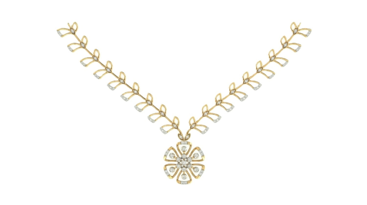 Yellow gold necklace with a floral design on a white background