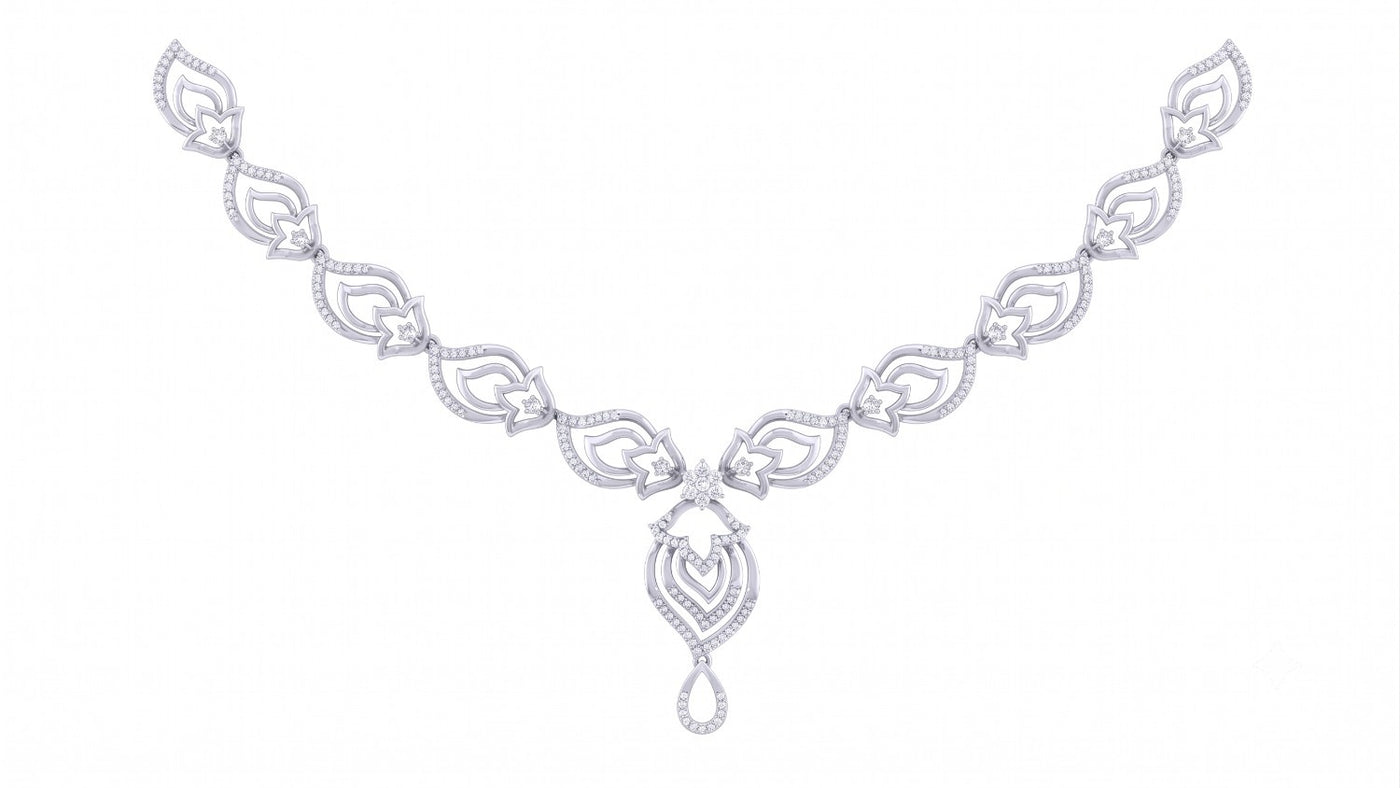 A white gold and diamond necklace featuring a leaf motifs, shown on a plain white background.