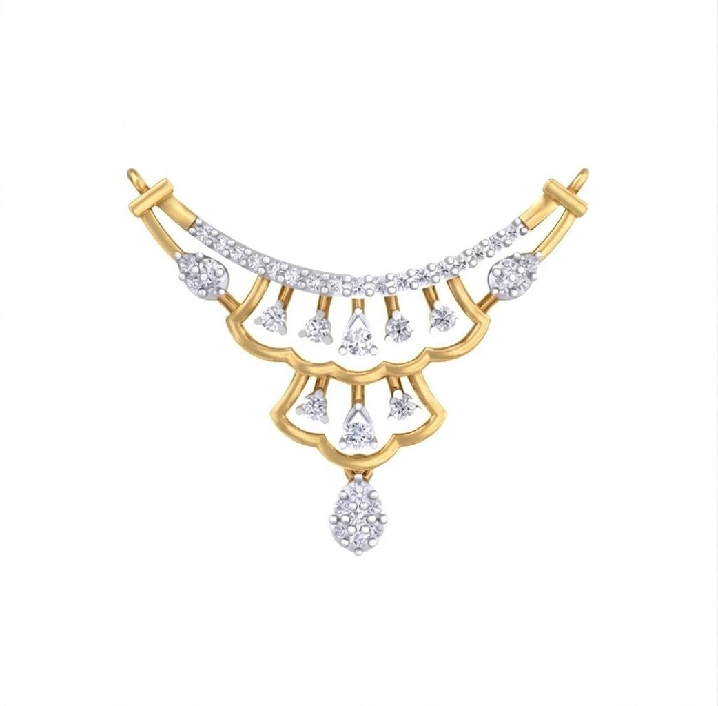 Yellow gold and diamond with teardrop design on a white background.