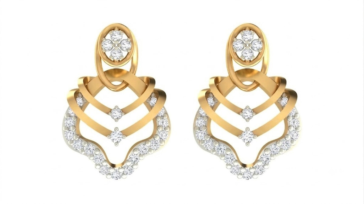 Pair of yellow gold and diamond stud earrings on a white background