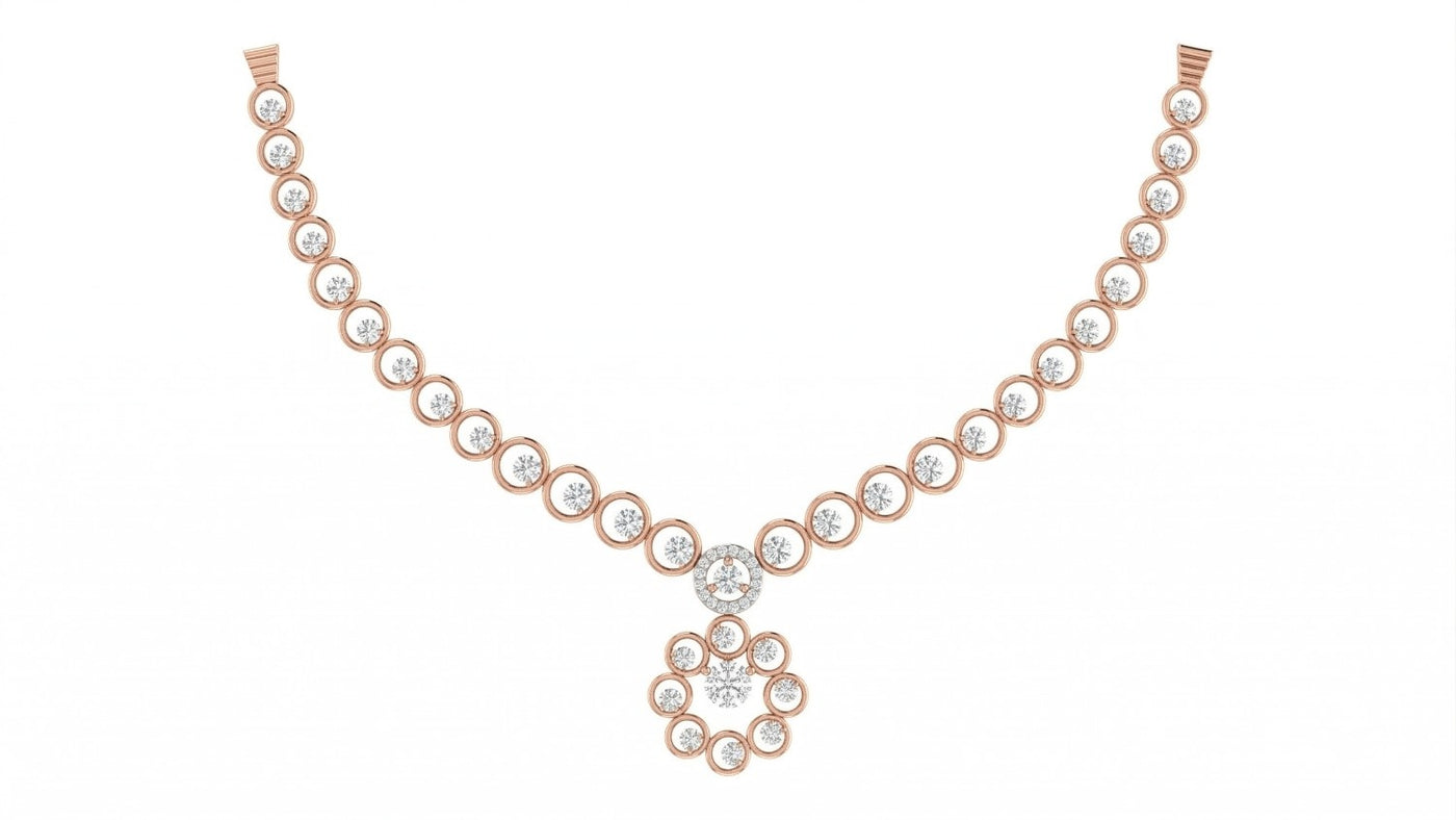 Rose gold and white necklace with diamonds on a white background