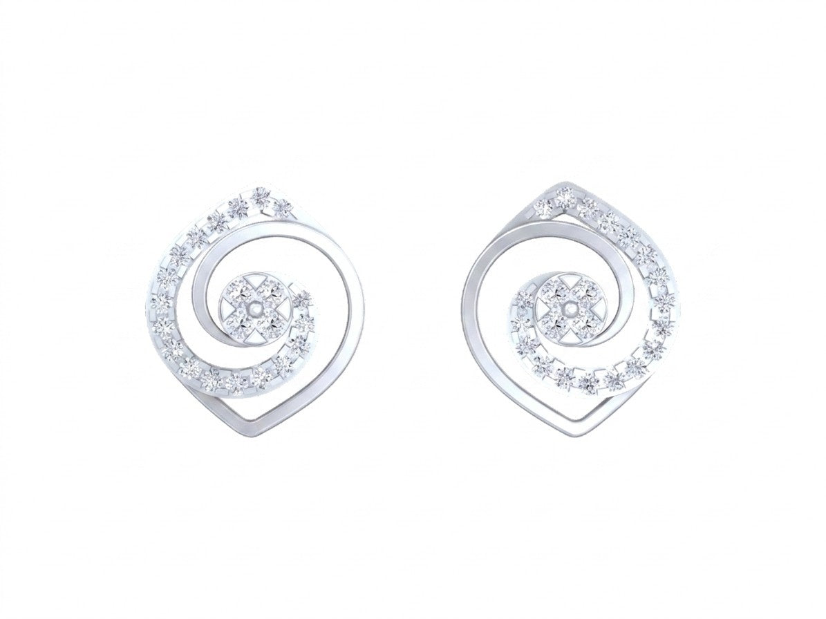 Pair of white gold and diamond spiral earrings on a white background.