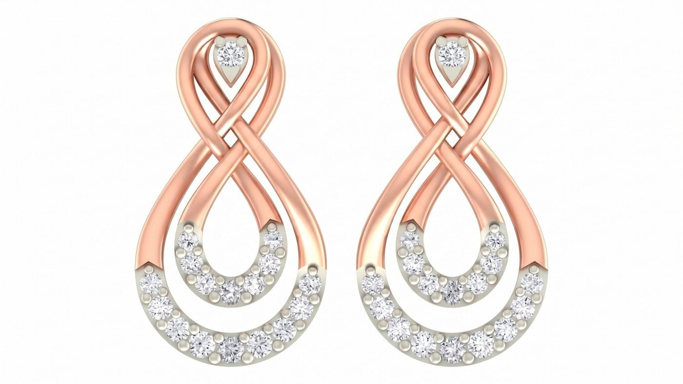 A pair of rose gold and white gold drop earrings with clear gemstones, shown on a plain white background.