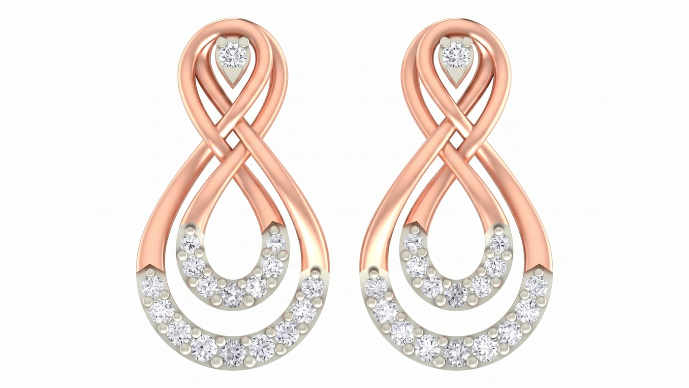 Rose gold and diamond stud earrings on a white background