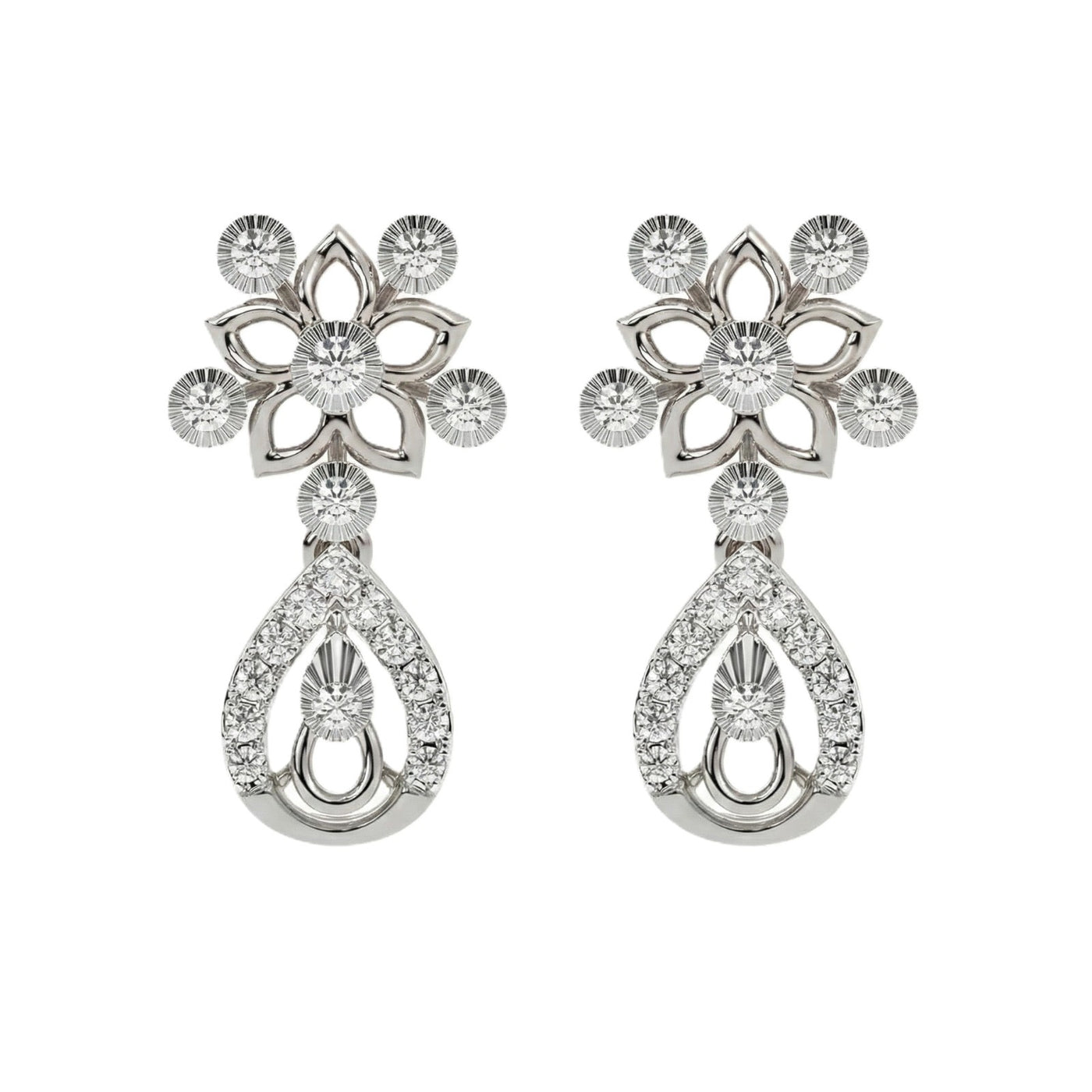 A pair of white gold earrings with diamond accents, featuring a floral design with teardrop shapes.