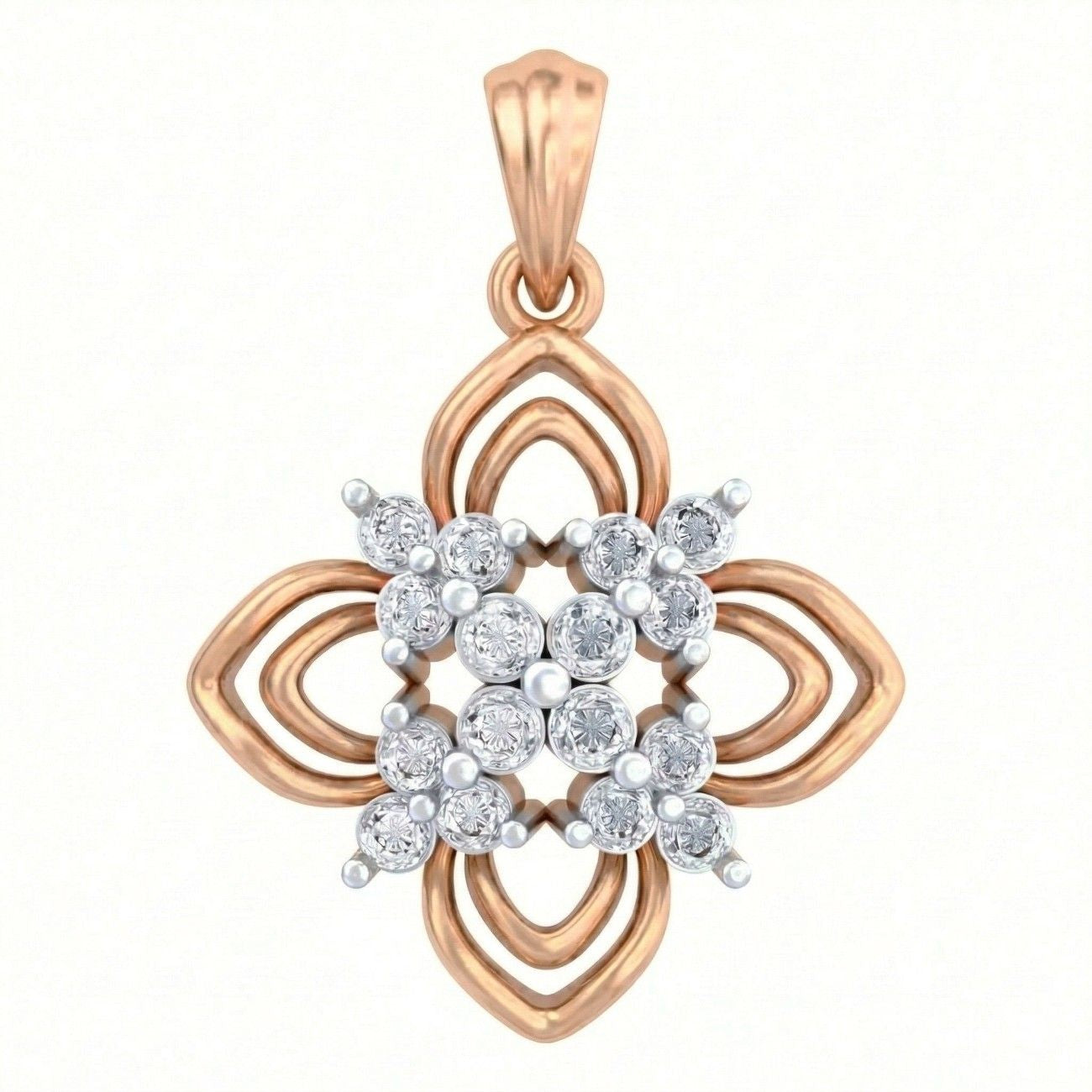 Rose gold and diamond pendant on white background