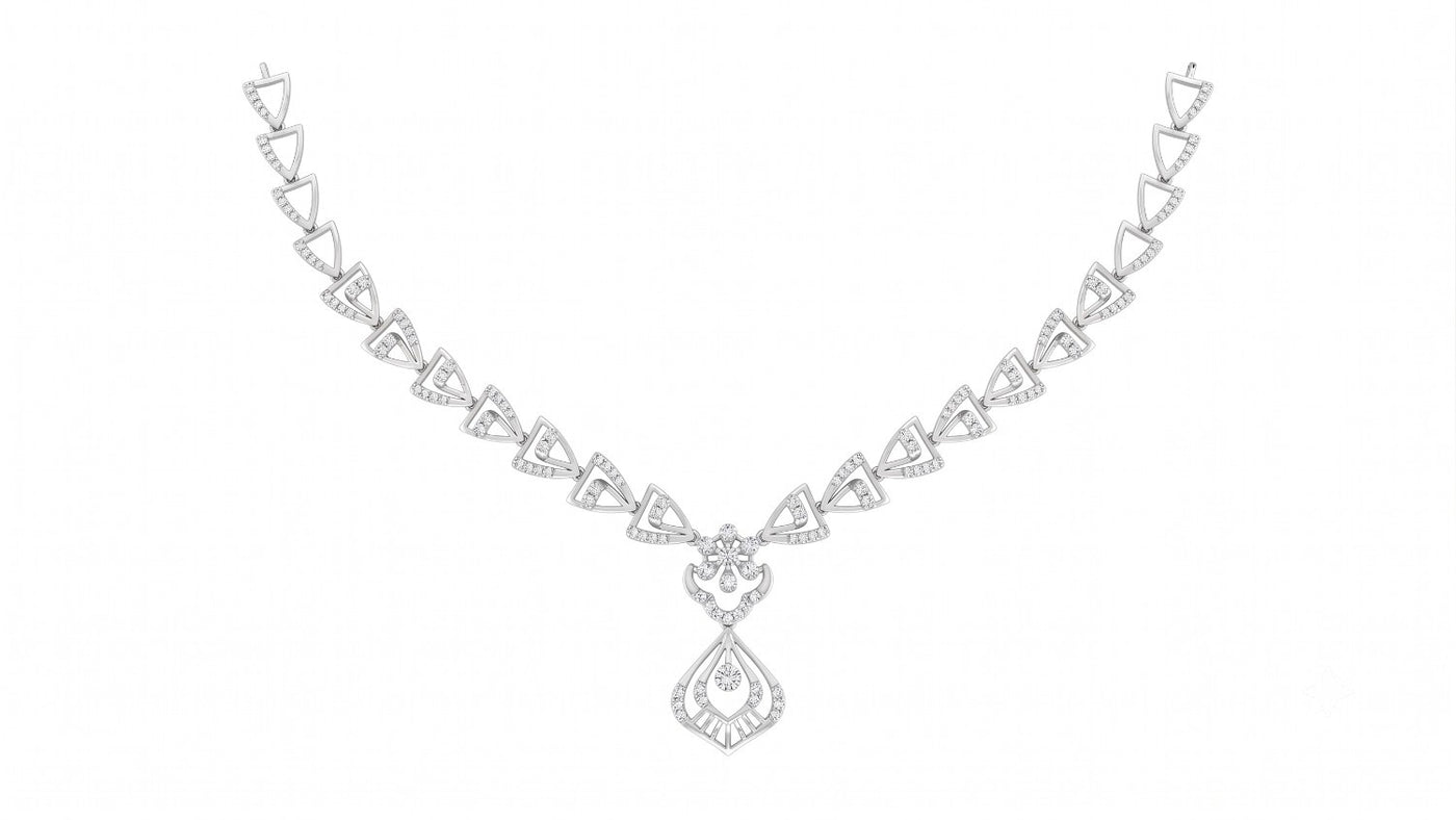 White gold and diamond necklace featuring a geometric triangle pattern with a teardrop-shaped, displayed on a solid white background.