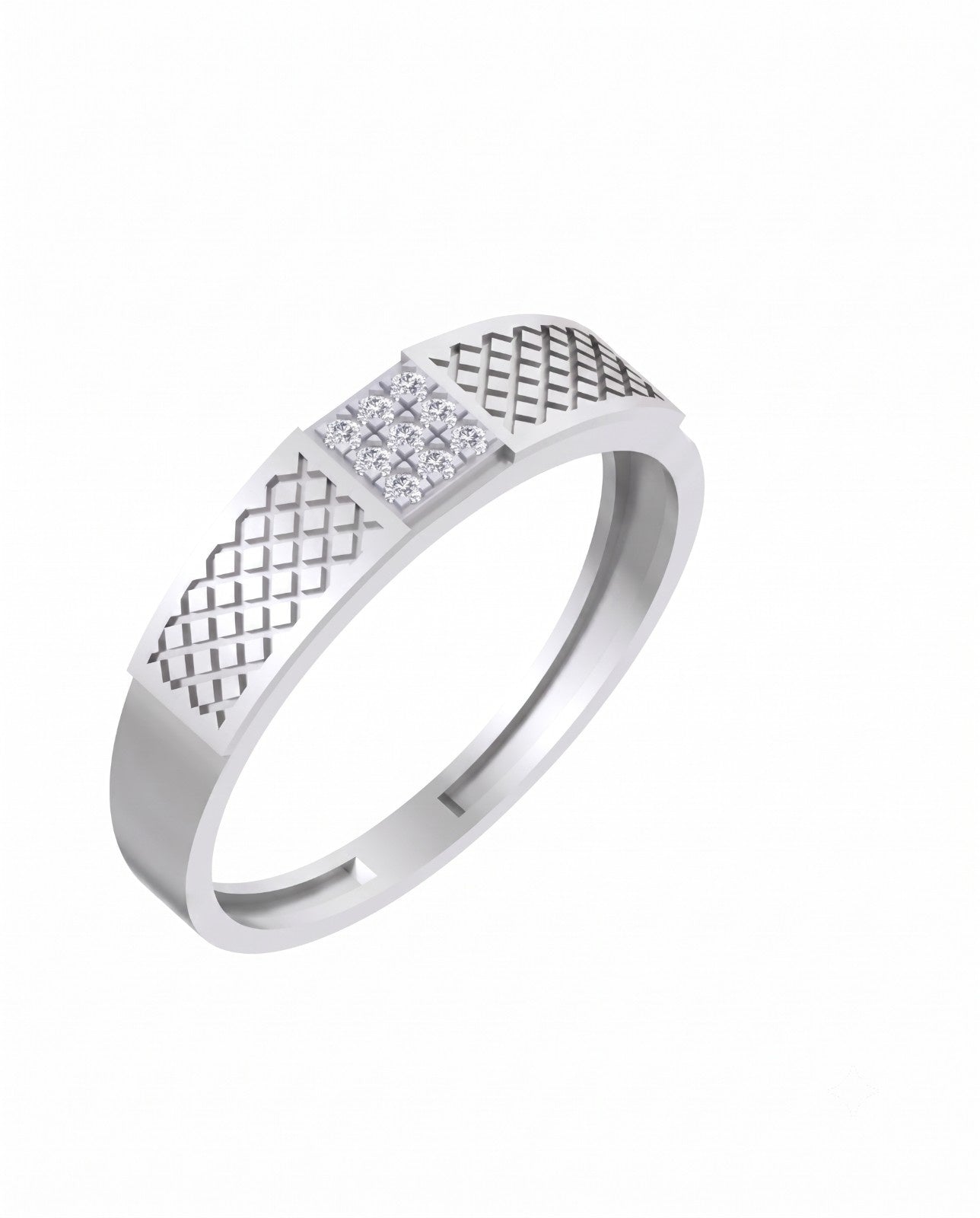A white gold ring with a textured and square cluster, shown on a plain white background.