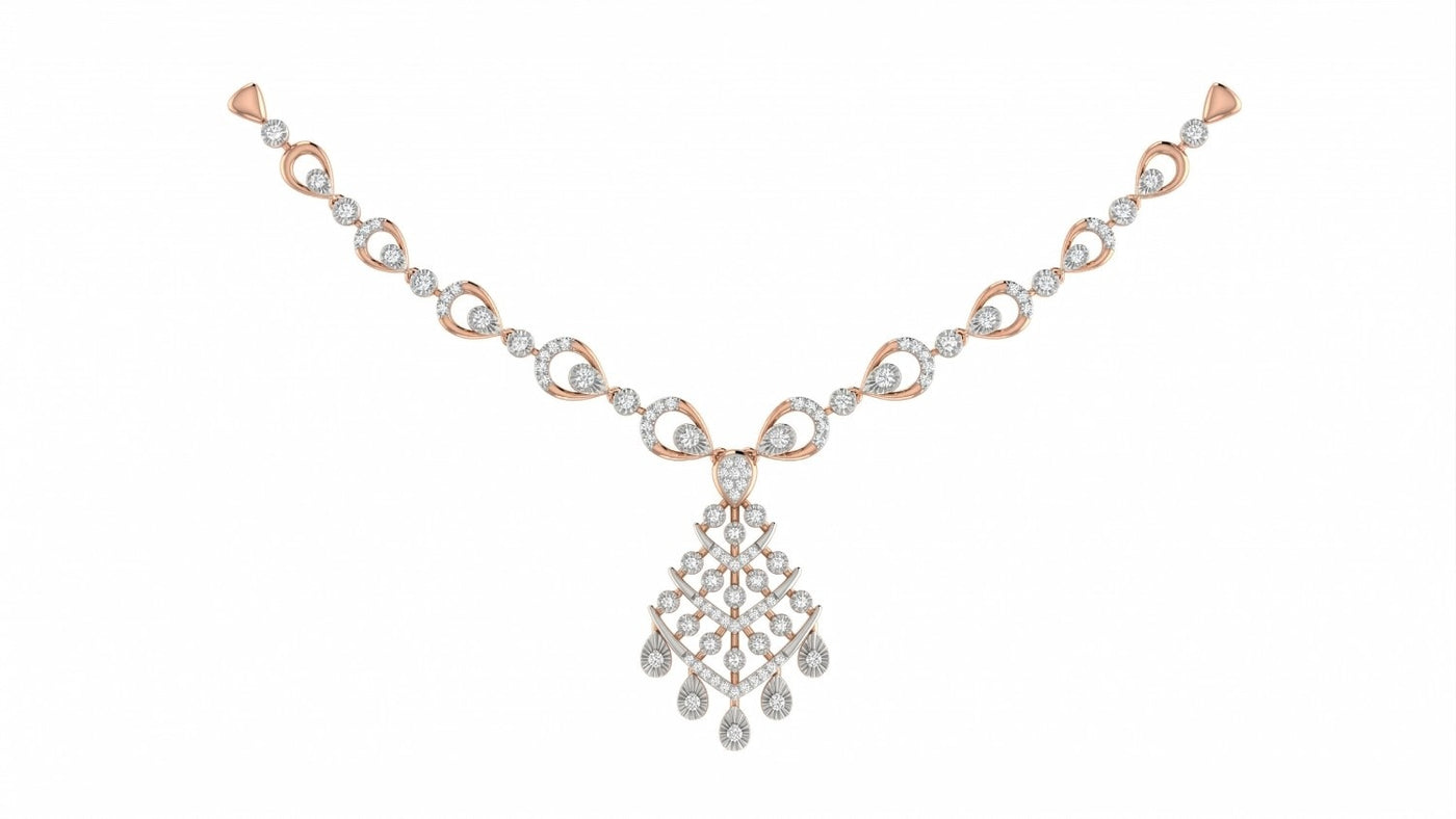 Diamond necklace with rose gold and chain on a white background