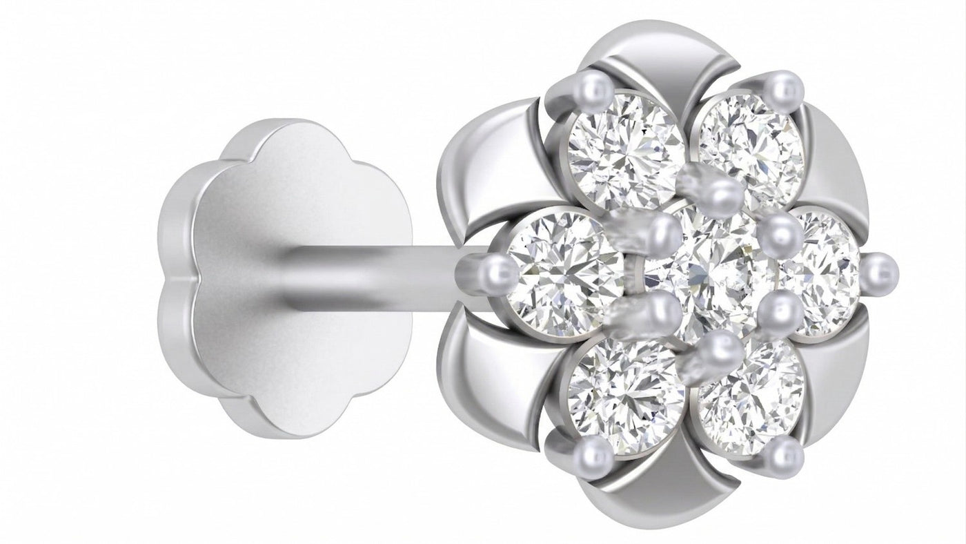 white gold and diamond stud nose pin with clear gemstones on a white background