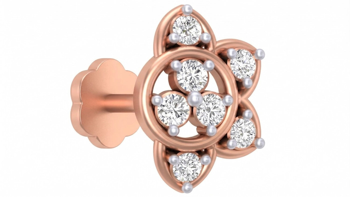 Rose gold and diamond stud nose pin-like stones on a white background