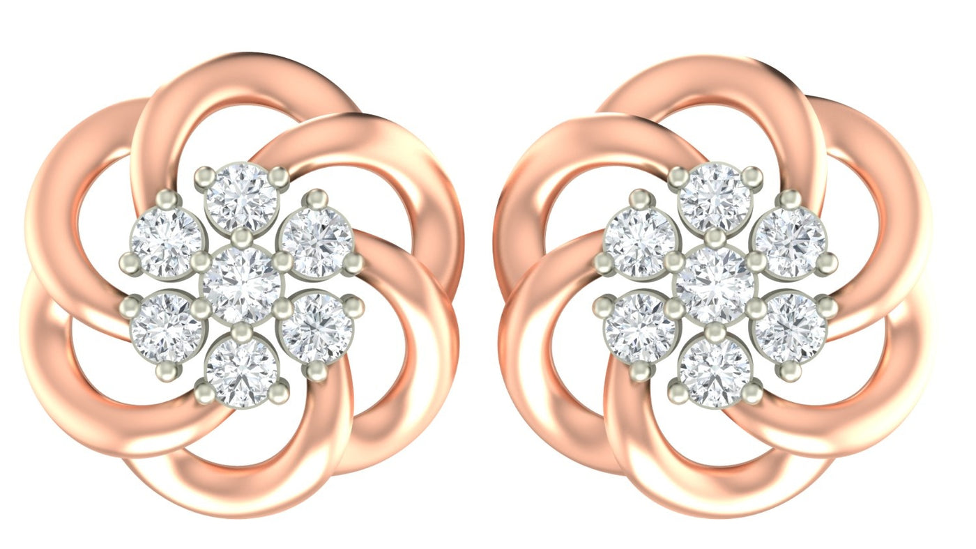 Rose gold and diamond stud earring with flower-shaped on a white background.