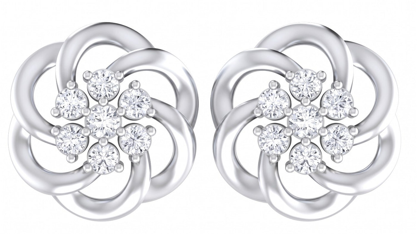 White gold and diamond stud earring with flower-shaped on a white background.