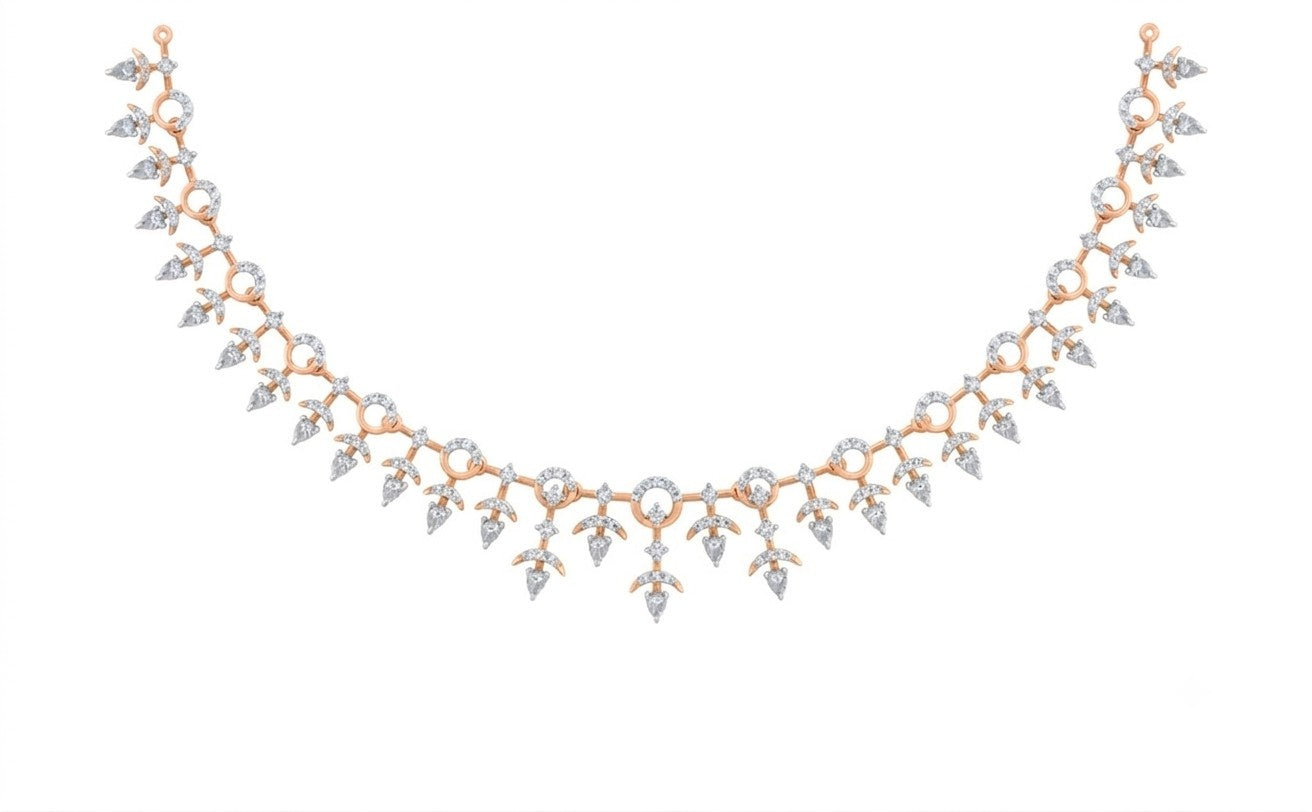 A rose gold and diamond necklace with a repeating leaf motif, displayed on a solid white background.