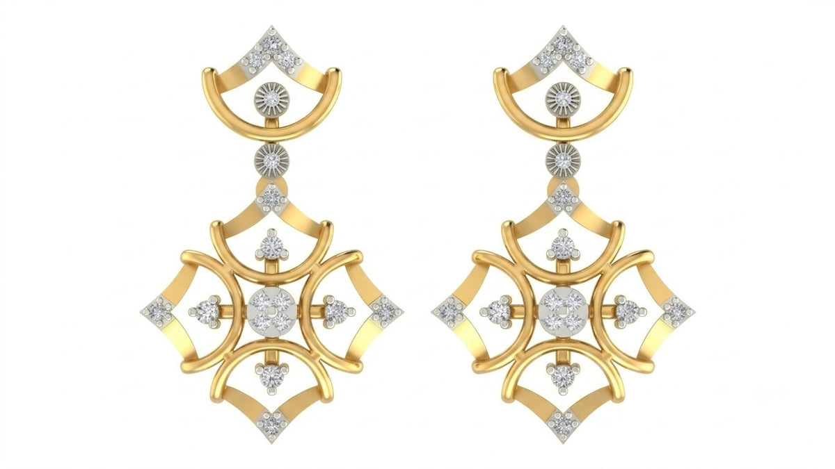 Yellow gold and diamond drop earring on a white background.