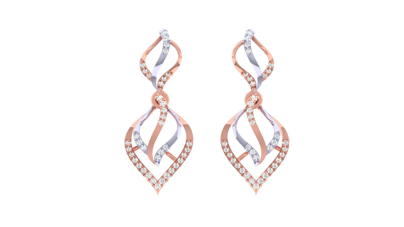 Pair of rose gold and diamond dangler earrings on a white background