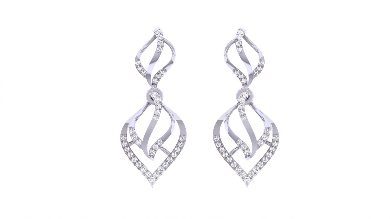 Pair of white gold and diamond dangler earrings on a white background