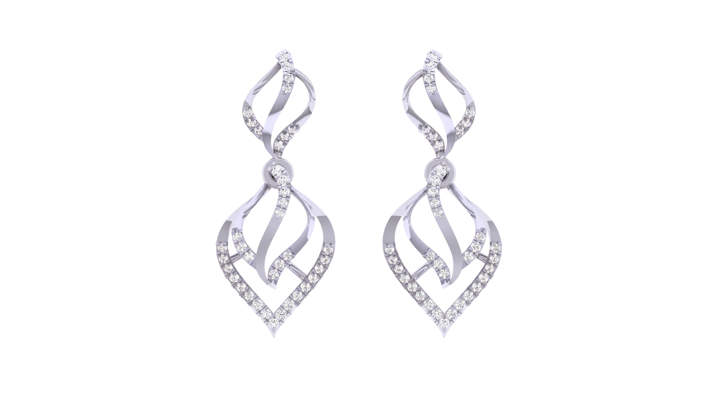 Pair of white gold earrings with diamond-like stones on a white background