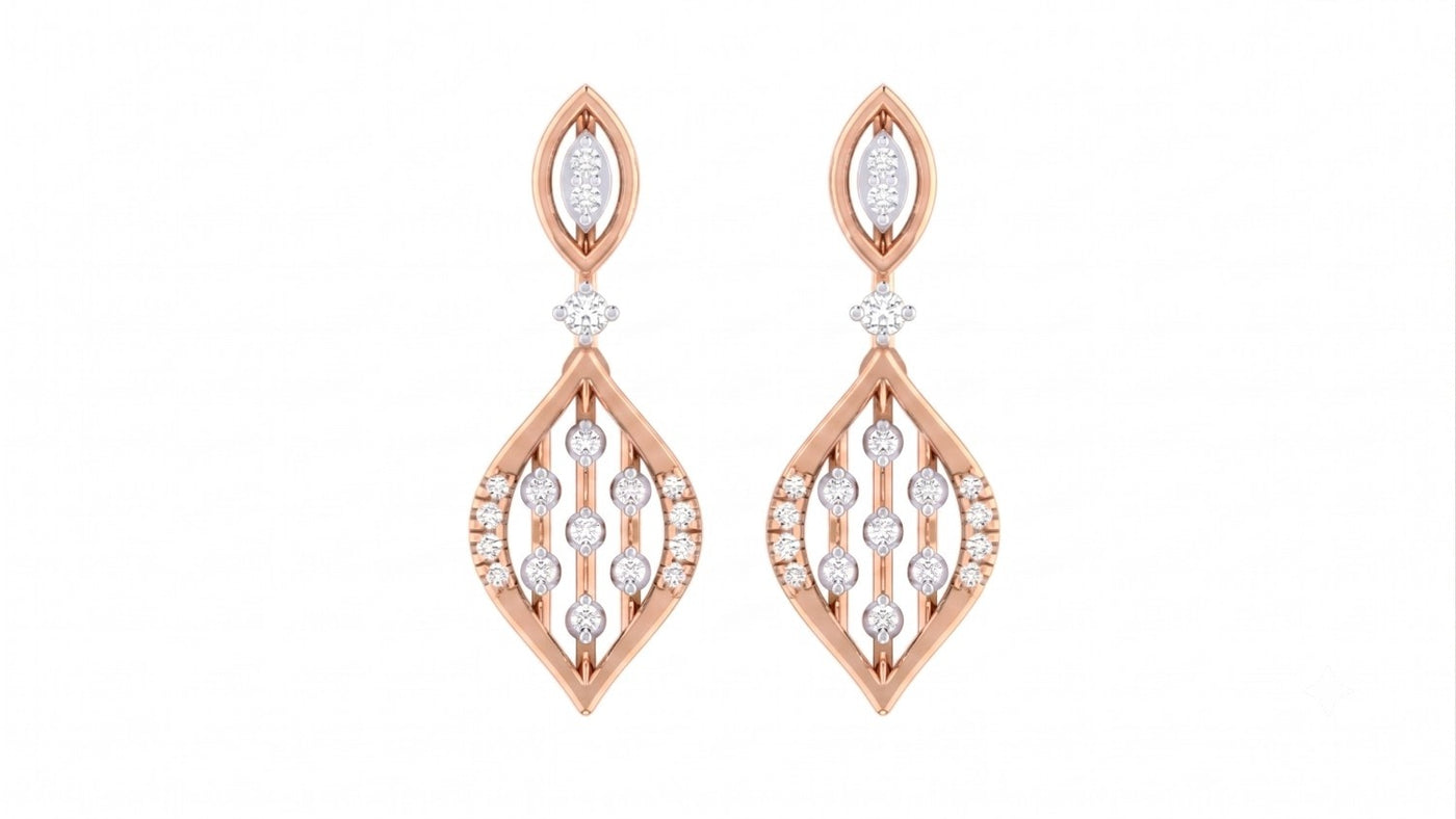 Rose gold and diamond drop earrings on a white background