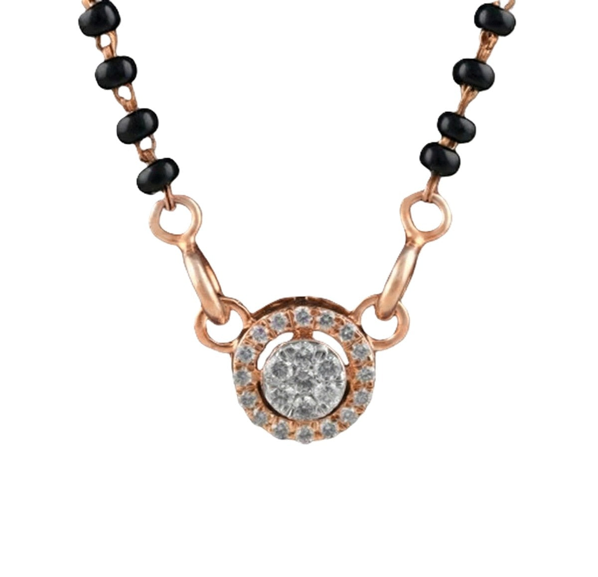 Rose gold & diamond halo mangalsutra on white background