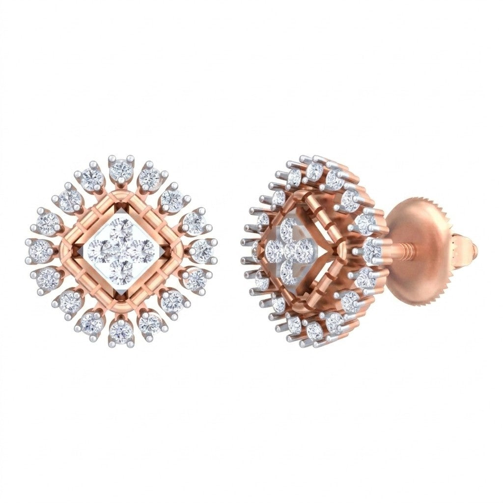Rose gold and diamond stud earring  on a white background.