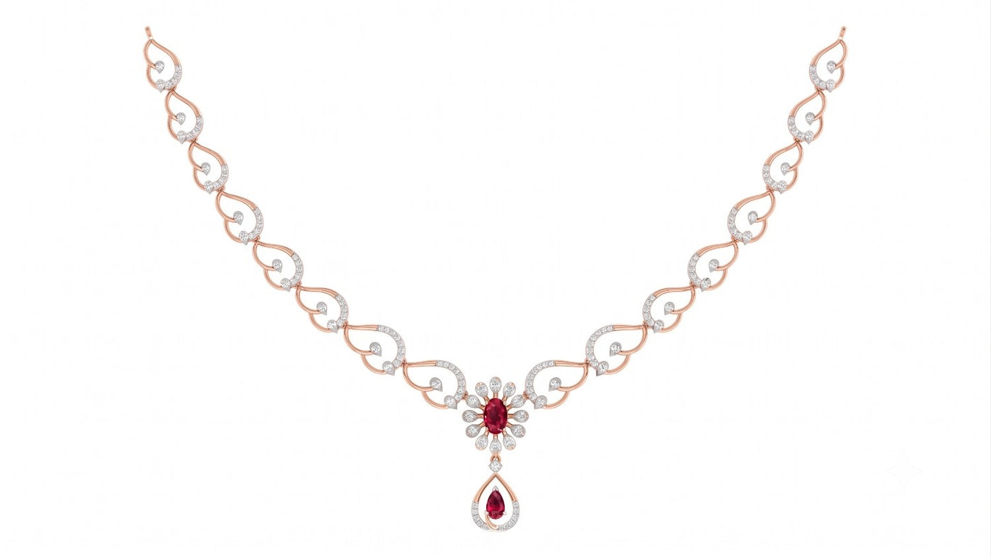 An elegant rose gold and diamond necklace featuring a central red ruby flower motif on a white background.