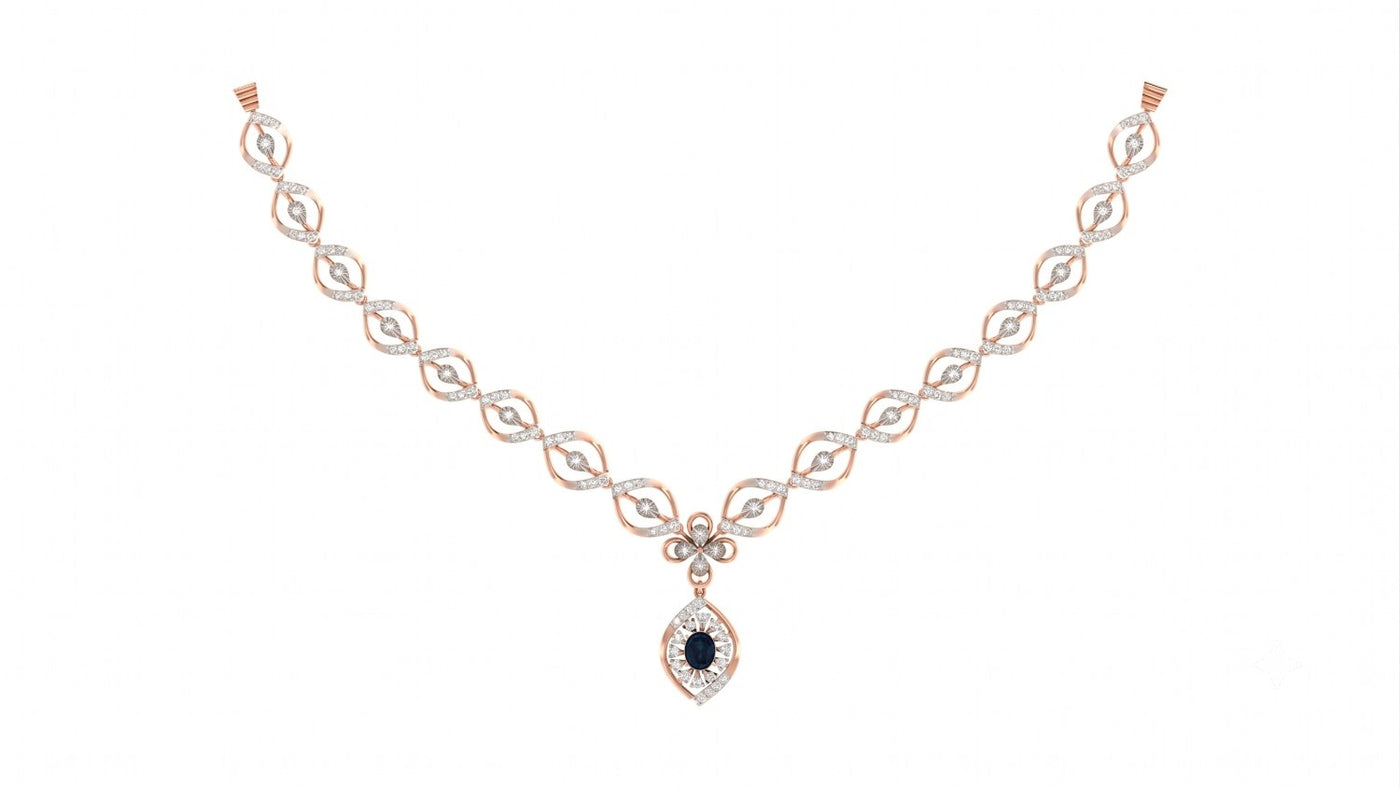 A rose gold and diamond necklace with a teardrop-shaped pendant featuring a sapphire center gemstone, displayed on a solid white background.