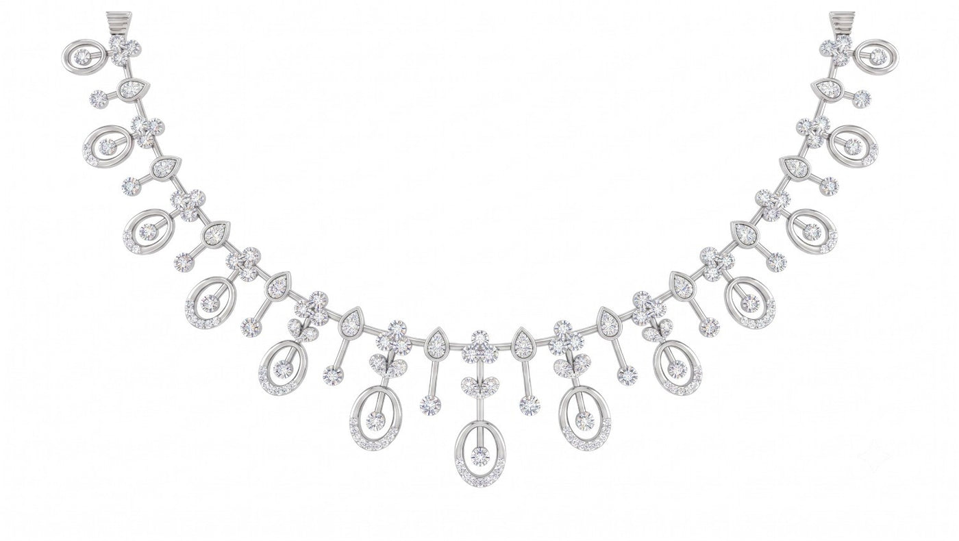 A white gold and diamond necklace featuring a floral design, and oval motifs  on a plain white background.