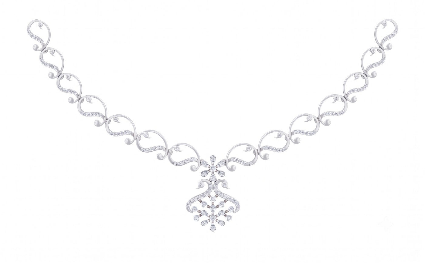 White gold and diamond necklace with a central floral motif, displayed on a solid white background.