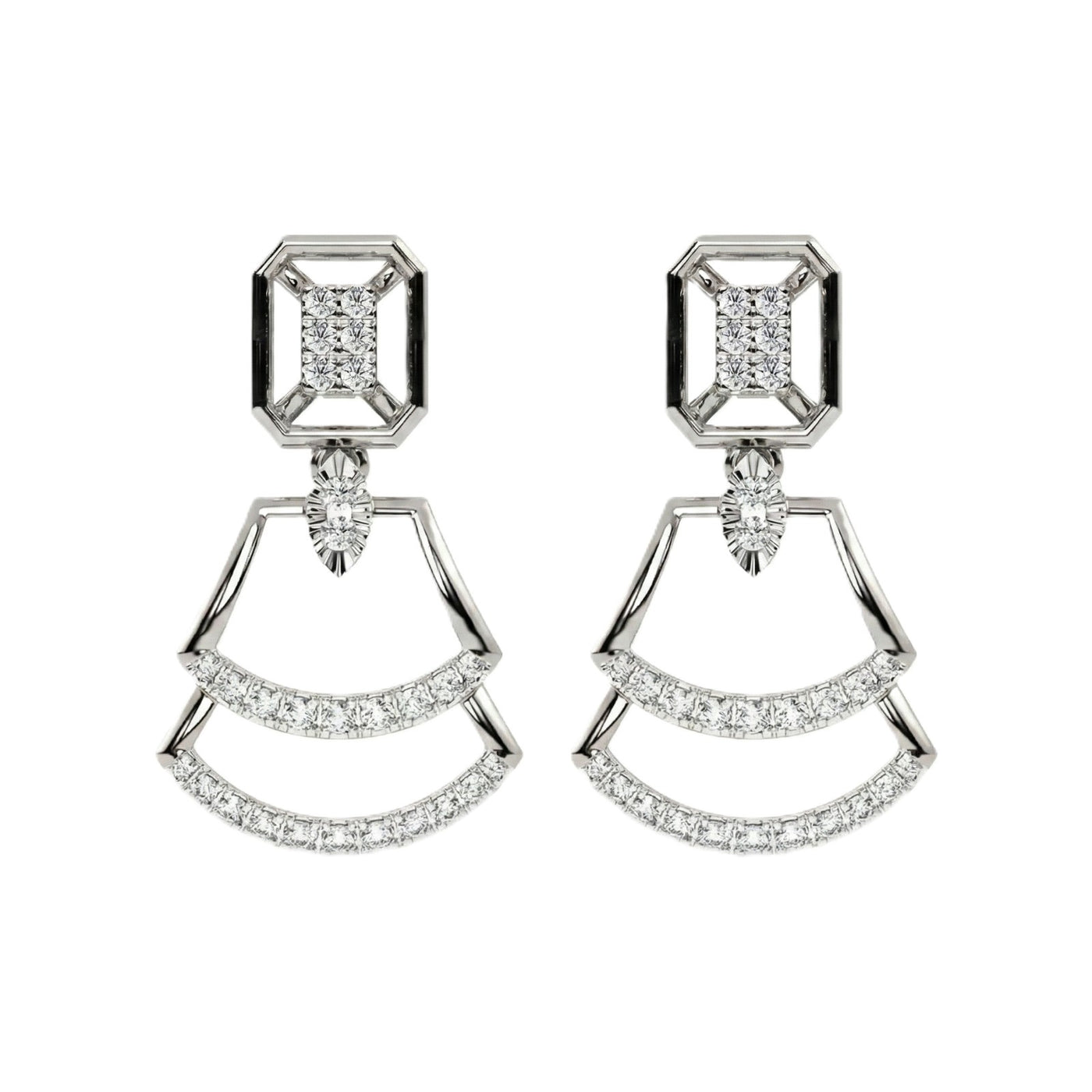 A pair of white gold earrings with diamond accents, featuring a geometric design.