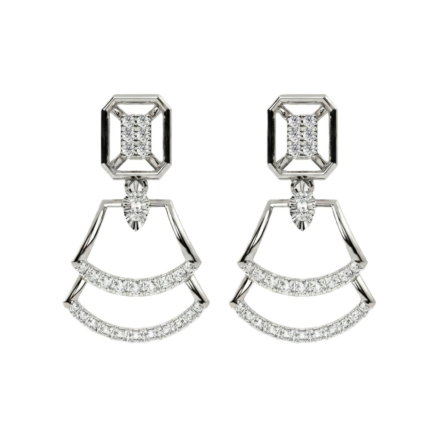 A pair of white gold earrings with diamond accents, featuring a geometric design.