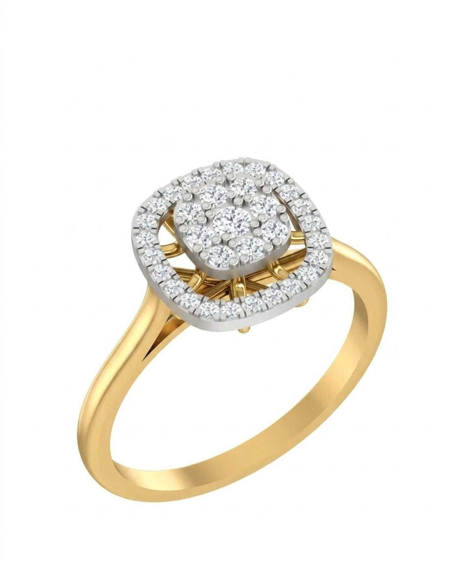 Yellow gold ring with a diamond-studded design on a white background