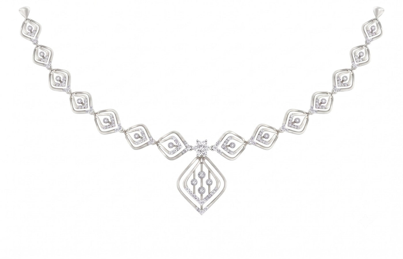 A white gold and diamond necklace with a geometric pattern and a central floral, displayed on a solid white background.