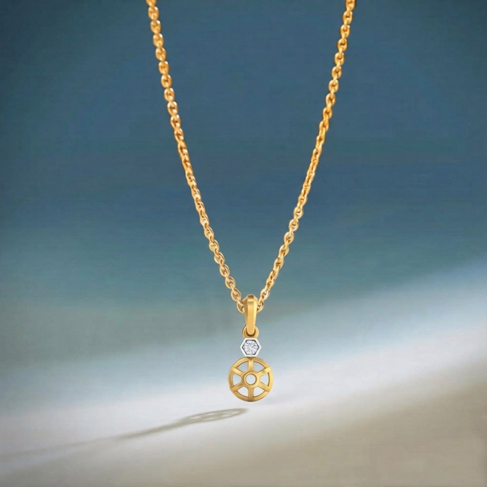 Gold and diamond with a unique pendant on a gradient blue and gray background