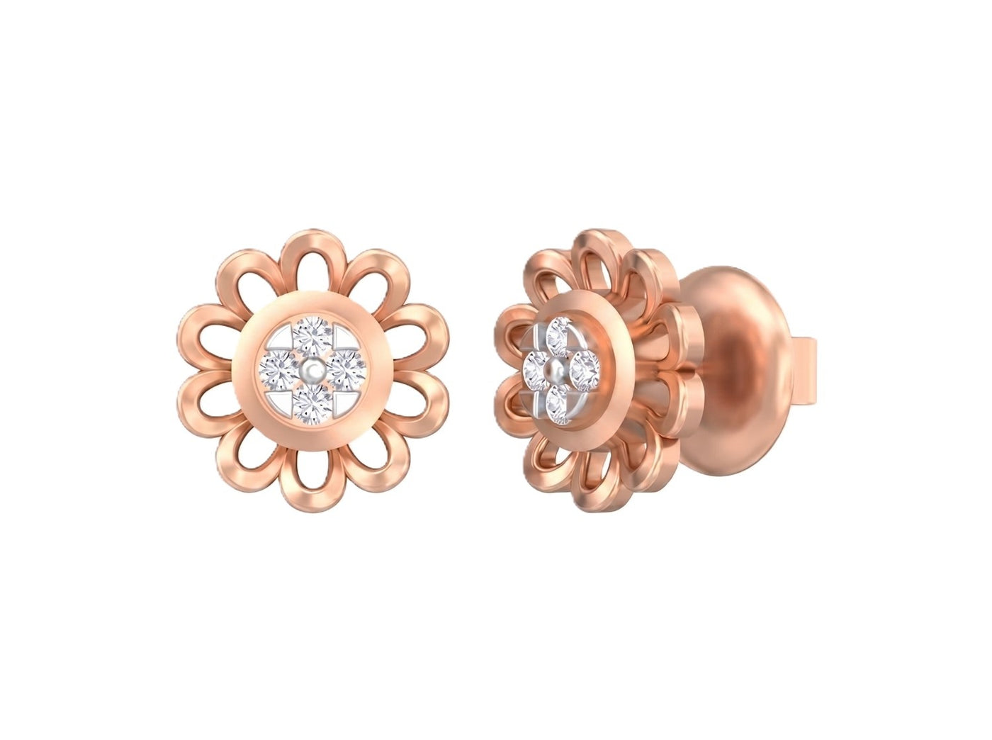 Rose gold and diamond floral stud earring on a white background.