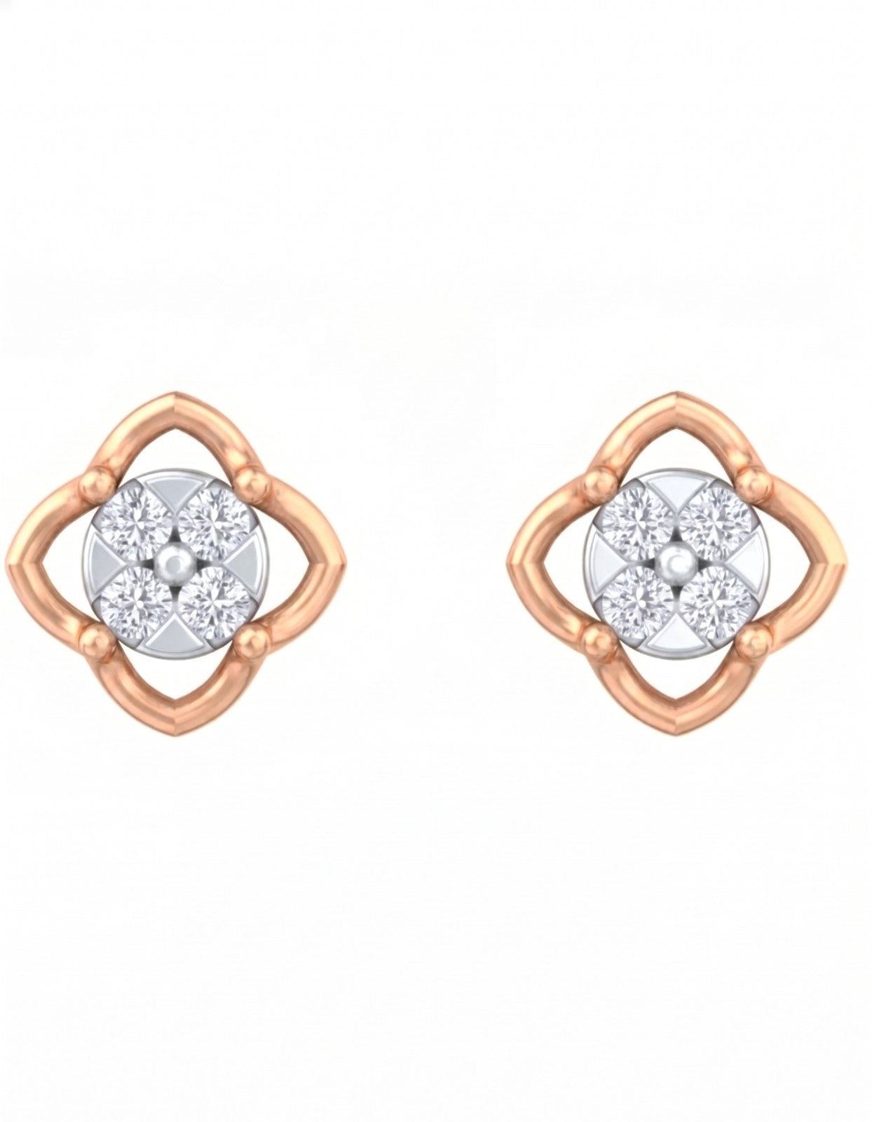 Rose gold and diamond floral stud earrings on a white background