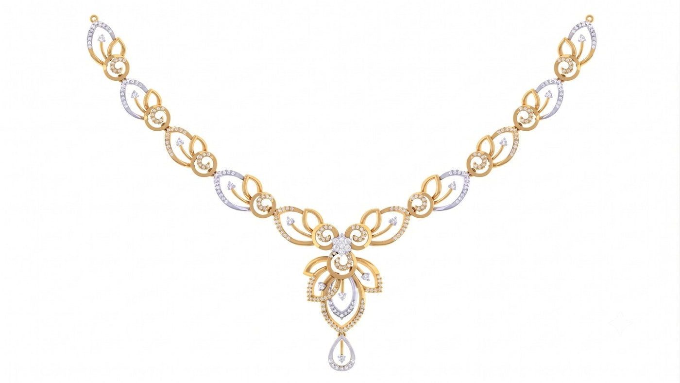 A yellow gold and diamond necklace with a central floral, displayed on a clean white background.
