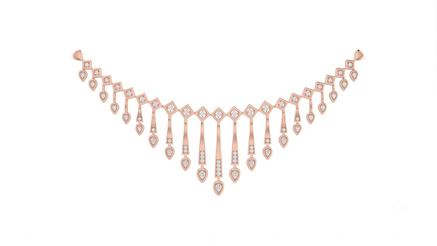 Rose gold and diamond necklace with teardrop-shaped on a white background.